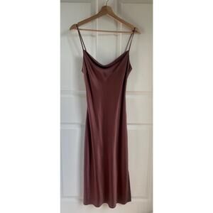 Vintage Silky Women's Cowl Neck Midi Slip Dress in Chocolate Brown Size Small